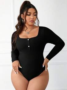 SHEIN Essnce Plus Half Button Ribbed Knit Bodysuit, For Winter - Black - View 4