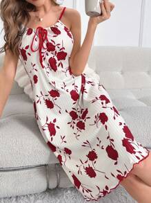 Floral Print Tie Front Lettuce Trim Cami Pajama Nightdress Perfect For Summer - Multicolor - View 3