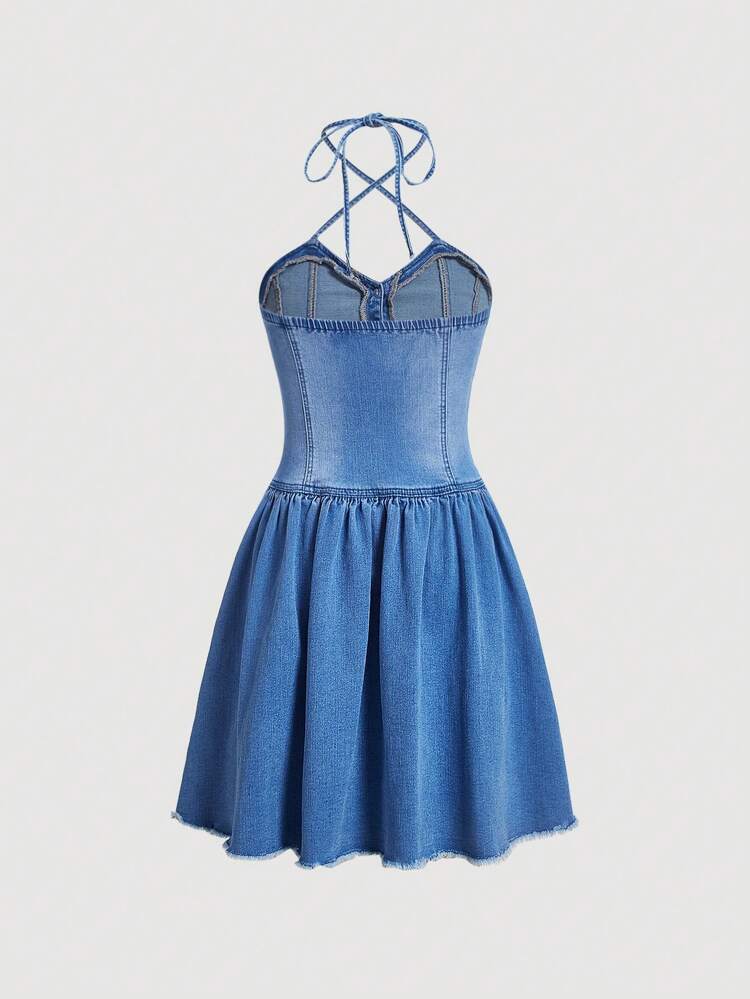 Button Front Denim Halter Dress