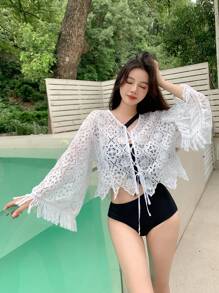 DAZY Solid Tie Front Ruffle Trim Kimono For Summer Beach Vacation Sheer - White - View 1