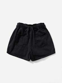 Drawstring Waist Roll Hem Denim Shorts - Black - View 2