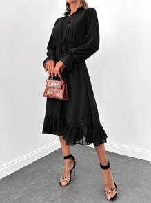 EURMUSE Casual Solid Color Long Sleeve Waist Cinched Women Long Dresses - Black - View 3