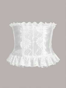 後背繫帶荷葉邊緞面塑身上衣 - 白色 - 查看 3