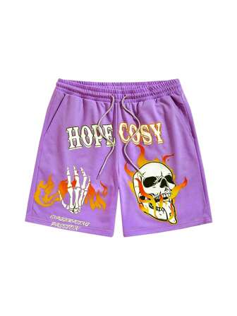Grunge Punk Hombres Shorts con estampado de cráneo y letra de cintura con cordón