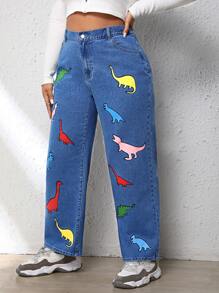 SHEIN EZwear Hơn In Khủng long Quần jean Mom Fit - Rửa nhẹ - Xem 5