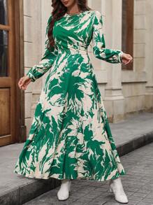 Chiquease Allover Print Lantern Sleeve Dress - Apricot - View 7