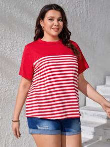 SHEIN LUNE 夏季加大条纹印花 T 恤 - 紅白色 - 查看 3