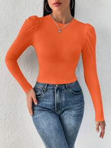 SHEIN Privé Camiseta unicolor de manga farol - Naranja - Ver 5
