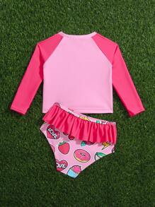 女嬰字母圖案高領荷葉邊沙灘泳裝 - 粉色 - 查看 2