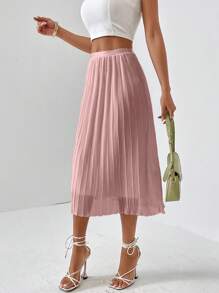 SHEIN Privé Solid Pleated Hem Skirt - Pink - View 5