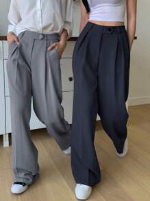 DAZY 1件纯色高腰直筒西装裤，女士秋冬商务正装裤 - 藏蓝色 - 查看 3