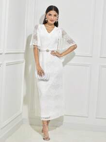 Modelyn Fringe Trim Butterfly Sleeve Lace Dress - White - View 4