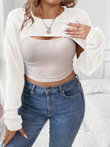 Calvaya Plus Drop Shoulder Super Crop Sweater Without Cami Top, For Winter Knit Pullover Fall Outfit Autumn