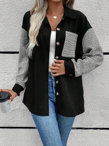 EMERY ROSE In Houndstooth Thả vai Vá Túi Nút phía trước áo - màu đen - Xem 3