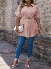 SHEIN Frenchy Plus Solid Button Front Batwing Sleeve Belted Shirt - Coral Pink - View 3