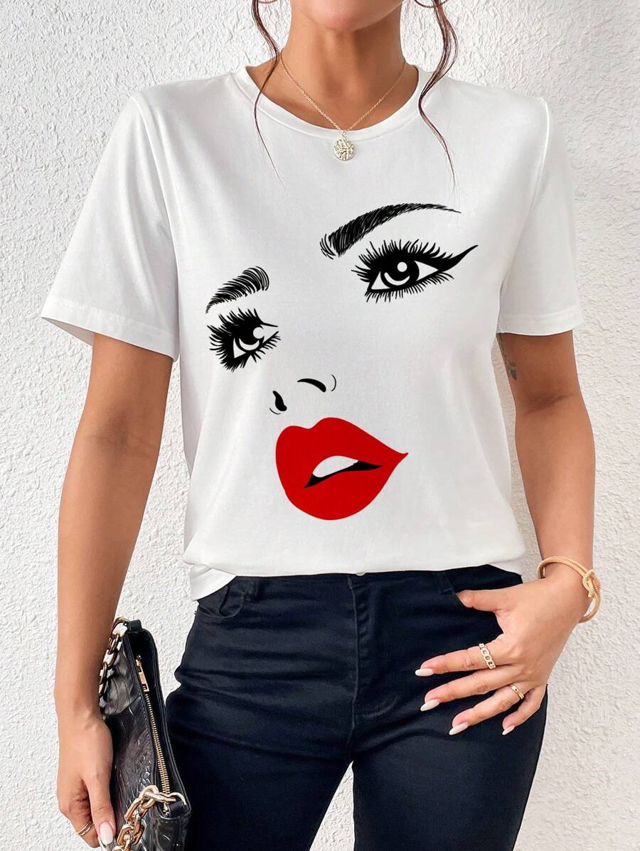 SHEIN LUNE 人像圖案圓領T恤 - 白色 - 查看 1