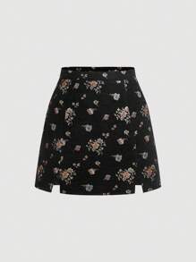 SHEIN MOD In hoa Ditsy Chân Váy xẻ - màu đen - Xem 1