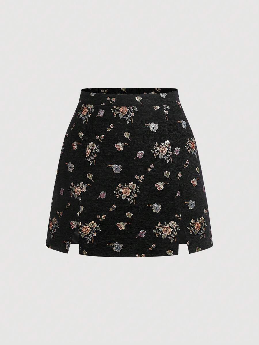 SHEIN MOD In hoa Ditsy Chân Váy xẻ - màu đen - Xem 1