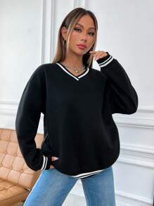 SHEIN Unity Striped Trim Drop Shoulder Sweatshirt,Long Sleeve Tops Graduation,Back To School,Graduation,Teacher For Women,Back To School Pullover Fall Sweatshirt - Black - View 4