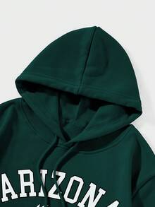 男士字母圖案袋鼠口袋抽繩保暖連帽衫 - 墨綠色 - 查看 3