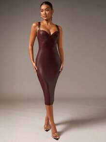Silquee Solid PU Leather Bodycon Dress - Maroon - View 6