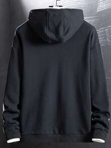Men Contrast Side Seam Letter Patched Kangaroo Pocket Drawstring Hoodie Without Shirt - Black - View 2