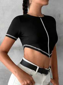 EURMUSE Women's Round Neck Short Sleeve Asymmetric Hem Casual T-Shirt - Black - View 4