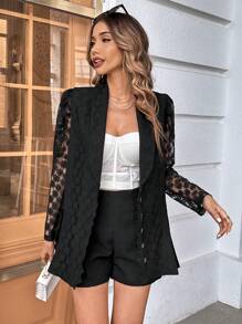 SHEIN Privé 1pc Contrast Lace Shawl Collar Open Front Blazer - Black - View 4