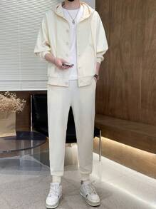 Men Zip Up Drawstring Hoodie & Sweatpants - White - View 3