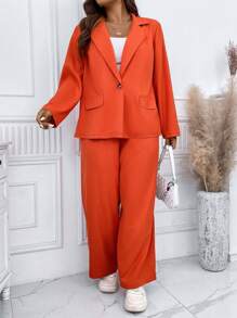 SHEIN Unity Talla grande Pantalones con blazer de cuello con solapa con botón - Naranja - Ver 4
