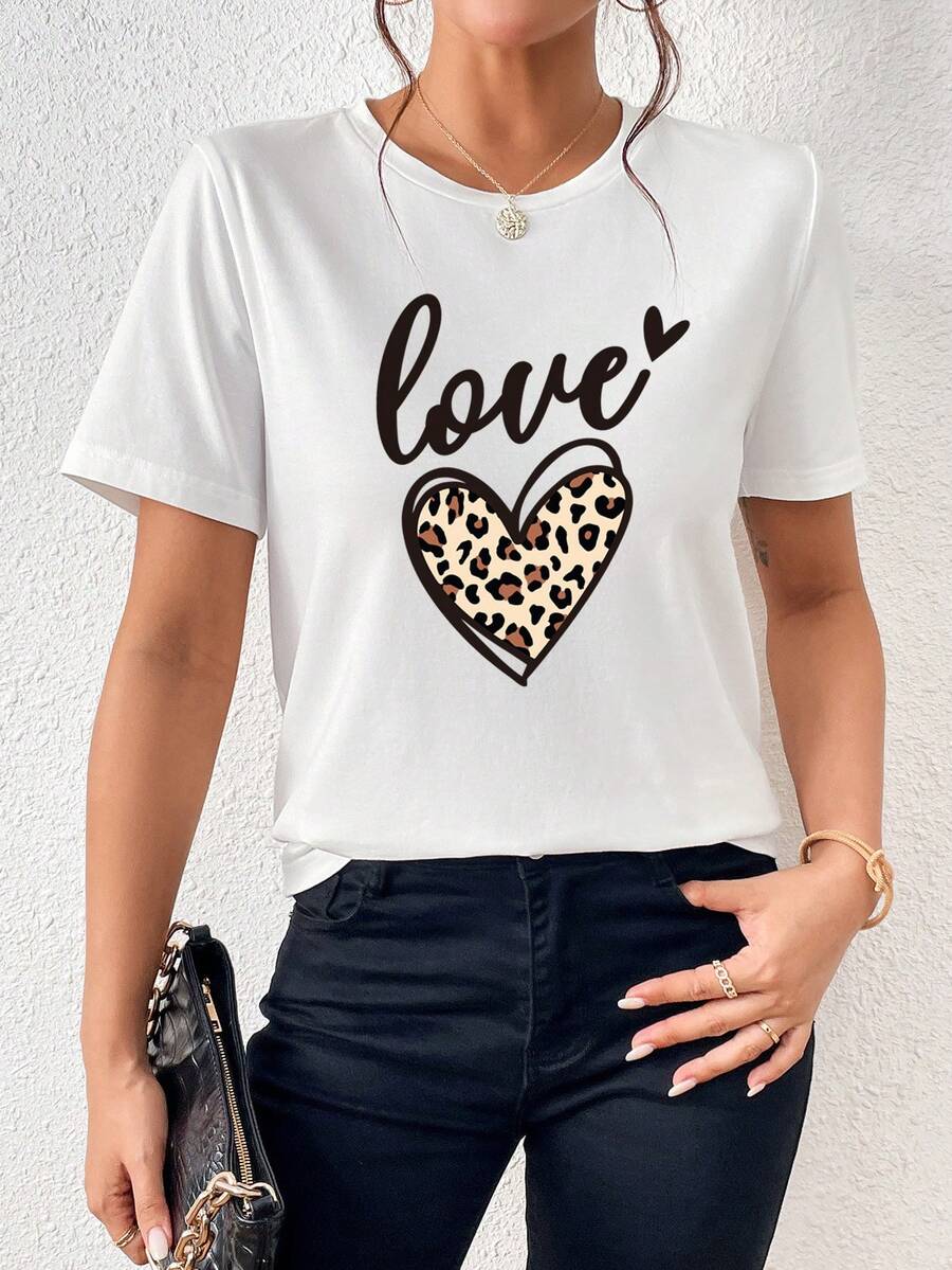 SHEIN LUNE 愛心和字母圖案T恤 - 白色 - 查看 1