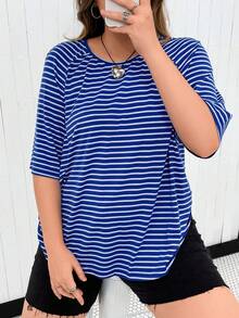 SHEIN LUNE Talla grande Camiseta de rayas de manga raglán - Azul - Ver 7