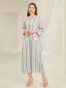 Al Najma Striped Print Batwing Sleeve Dual Pocket Dress, Modest