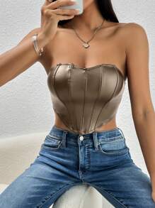 SHEIN PETITE Solid Hanky Hem PU Tube Top