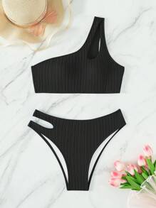 Bộ bikini một vai cut-out trơn - màu đen - Xem 3