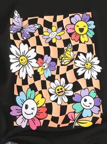 SHEIN Tween Girl Floral & Checker Print Tee