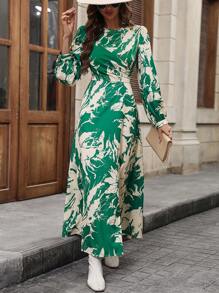 Chiquease Allover Print Lantern Sleeve Dress - Apricot - View 2