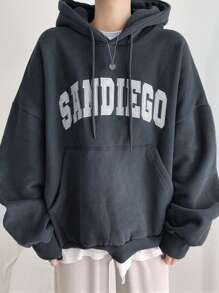 DAZY Thermal Lined Hooded Sweatshirt For Women, Casual Letter Print Pullover Hoodie, Autumn/Winter