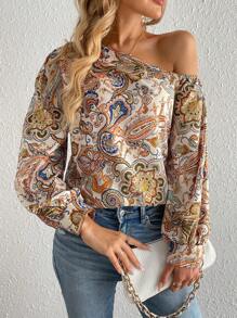 Blusa con estampado de paisley de cuello asimétrico de manga farol - Multicolor - Ver 1