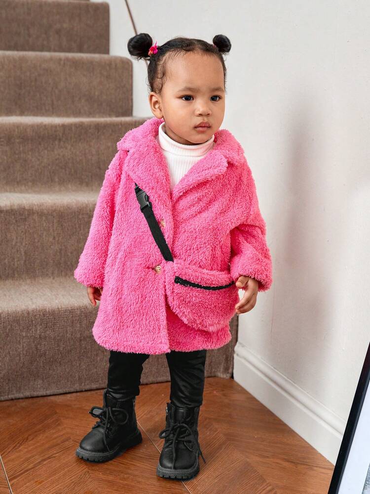 Baby Girl's Shearling Mid-Length Coat With Thick Crossbody Bag