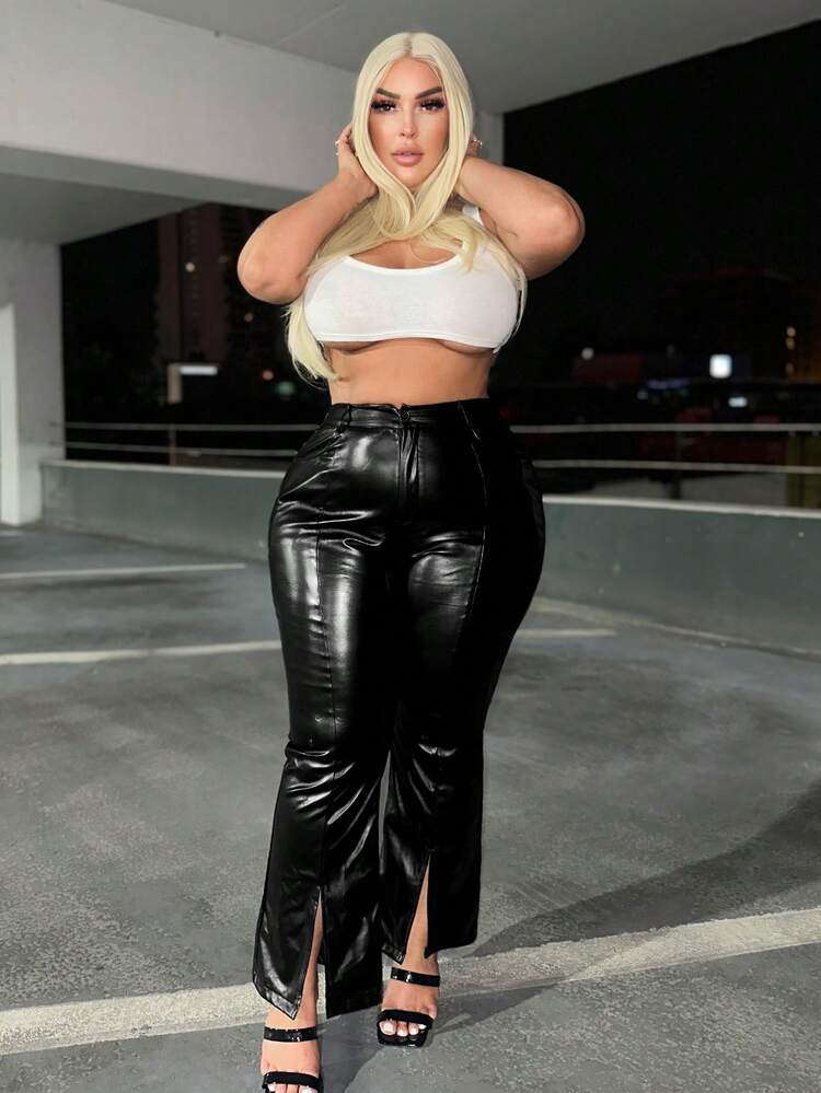 Plus Split Hem PU Leather Flare Leg Pants