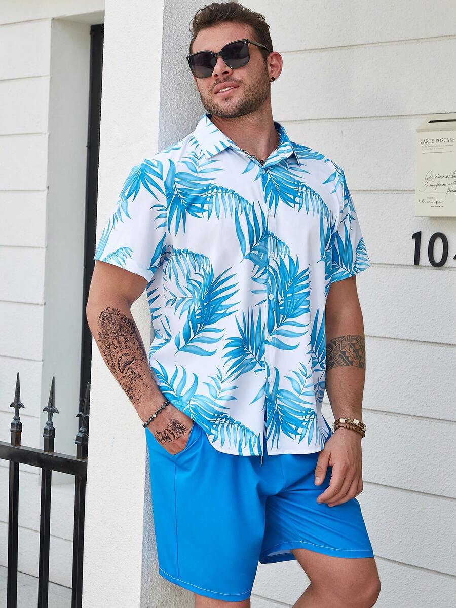 Manfinity RSRT Men Plus Tropical Print Shirt & Shorts - Blue - View 1