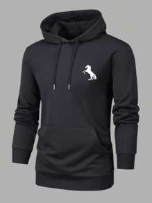 Men Horse Print Kangaroo Pocket Drawstring Hoodie - Black - View 1