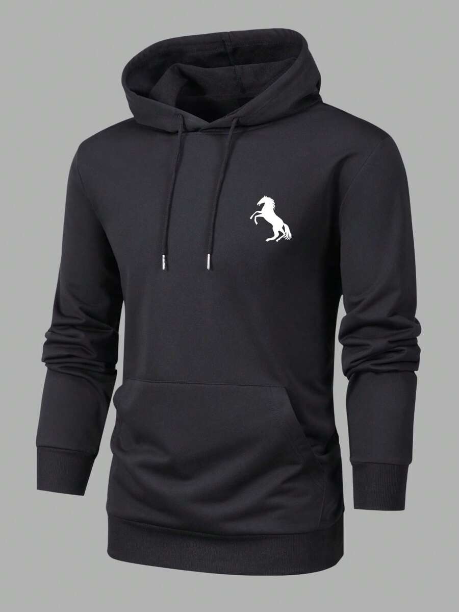 Men Horse Print Kangaroo Pocket Drawstring Hoodie - Black - View 1