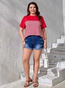 SHEIN LUNE 夏季加大条纹印花 T 恤 - 紅白色 - 查看 6