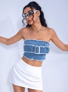 SHEIN ICON Xén Thô Chi tiết nút buộc Denim Ống ngọn - Rửa nhẹ - Xem 1