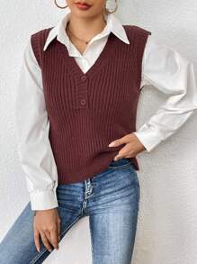SHEIN Essnce Chất rắn Nút phía trước Áo len vest Không có áo lót - Cà phê nâu - Xem 6