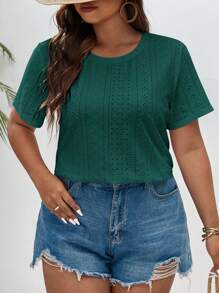 SHEIN Frenchy Plus Solid Eyelet Embroidery Tee