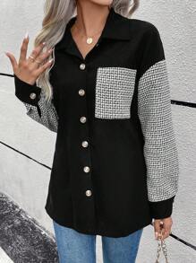 EMERY ROSE In Houndstooth Thả vai Vá Túi Nút phía trước áo - màu đen - Xem 5