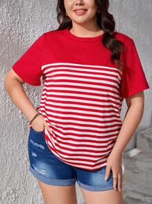 SHEIN LUNE 夏季加大条纹印花 T 恤 - 紅白色 - 查看 4